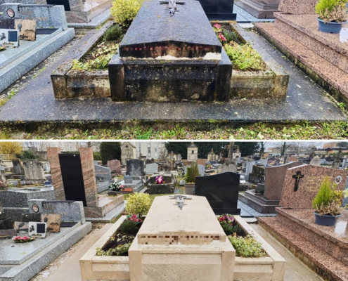 Tombe rénovée et fleurie dans un cimetière, avant/après : nettoyage des pierres, végétation et fleurs de saison sur un