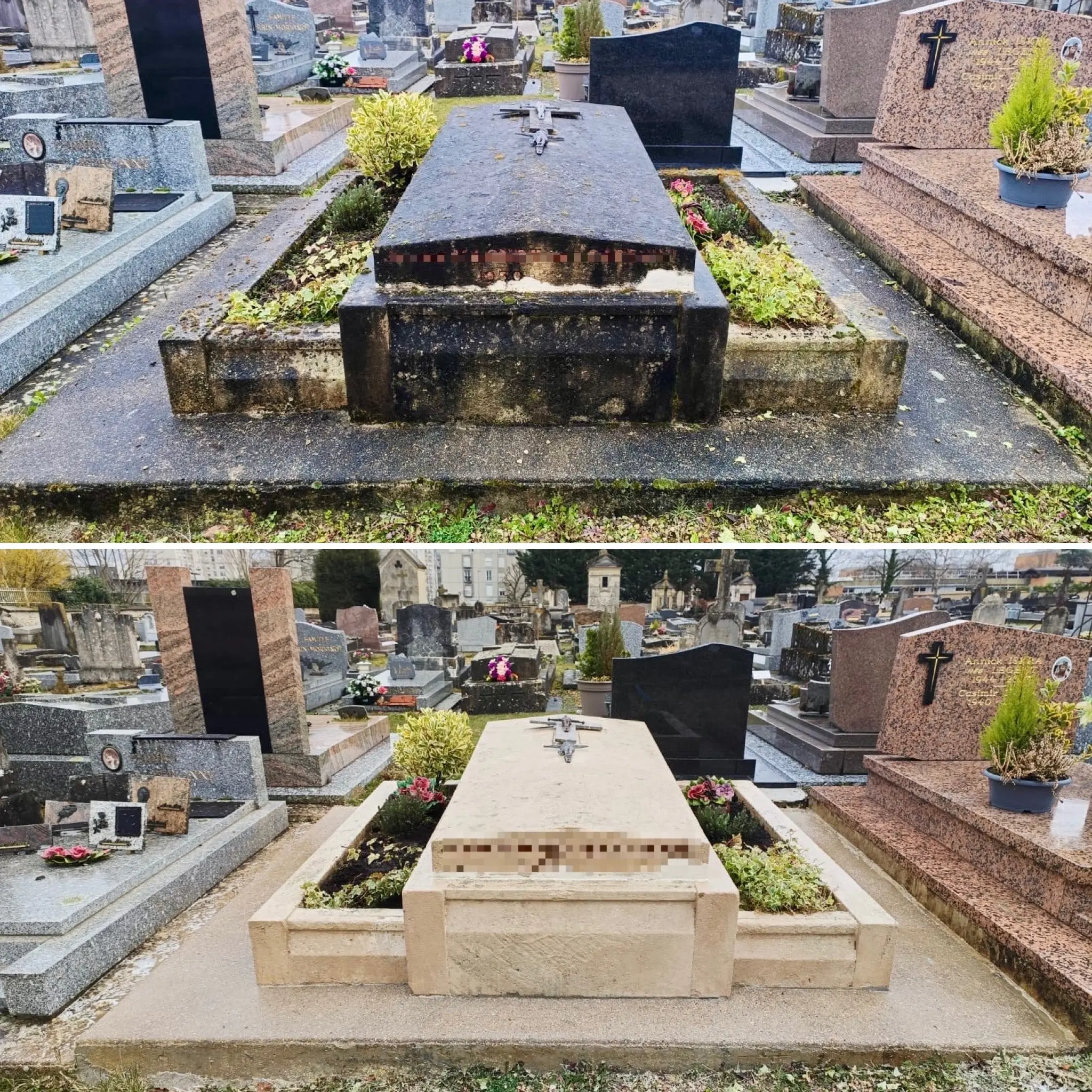 Tombe rénovée et fleurie dans un cimetière, avant/après : nettoyage des pierres, végétation et fleurs de saison sur un Tombe rénovée et fleurie dans un cimetière, avant/après : nettoyage des pierres, végétation et fleurs de saison sur un