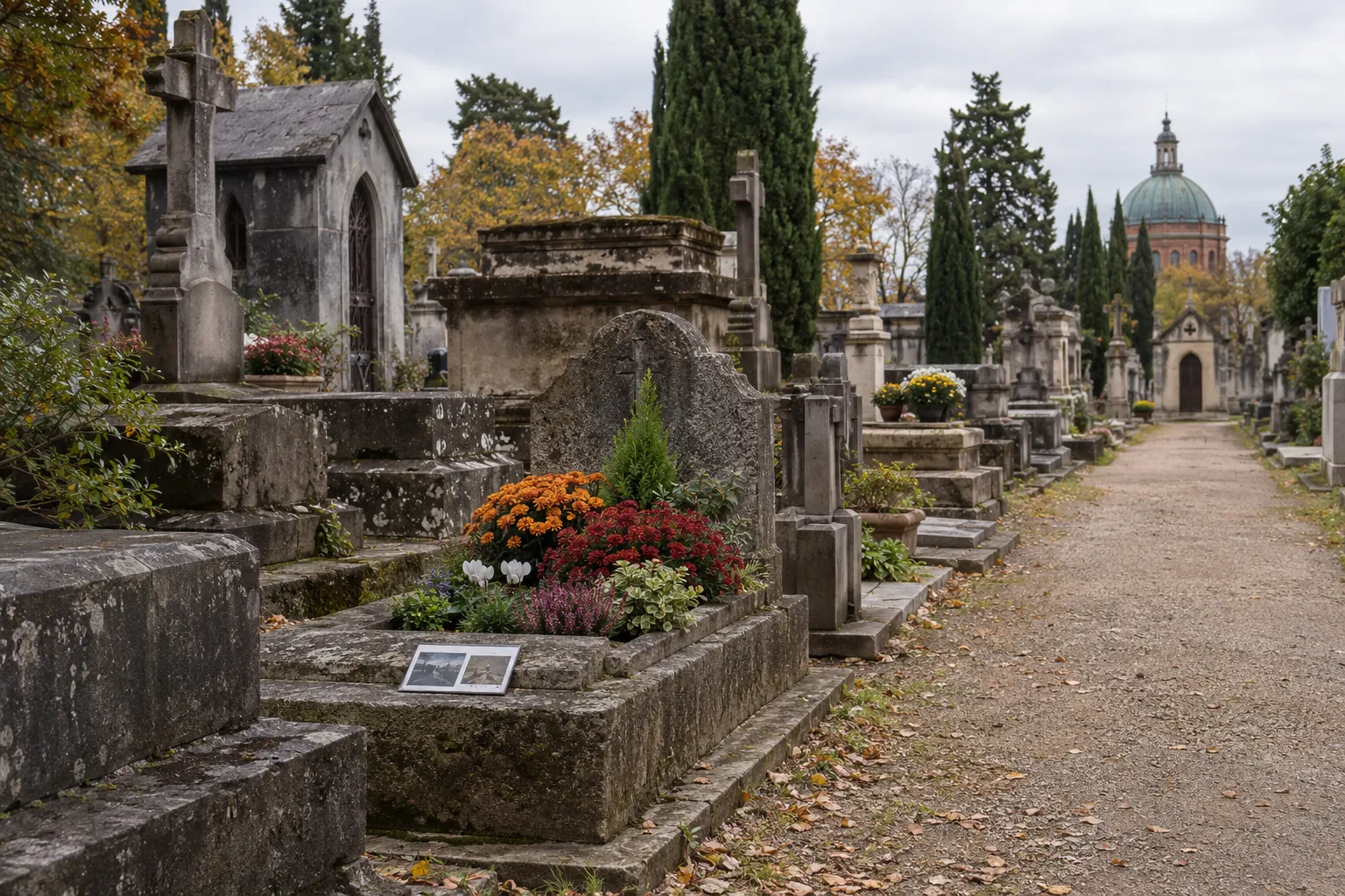Tombeau ornée de bouquets de fleurs orange et rouges dans un cimetière ancien, avec un chemin et des monuments en pierre sur