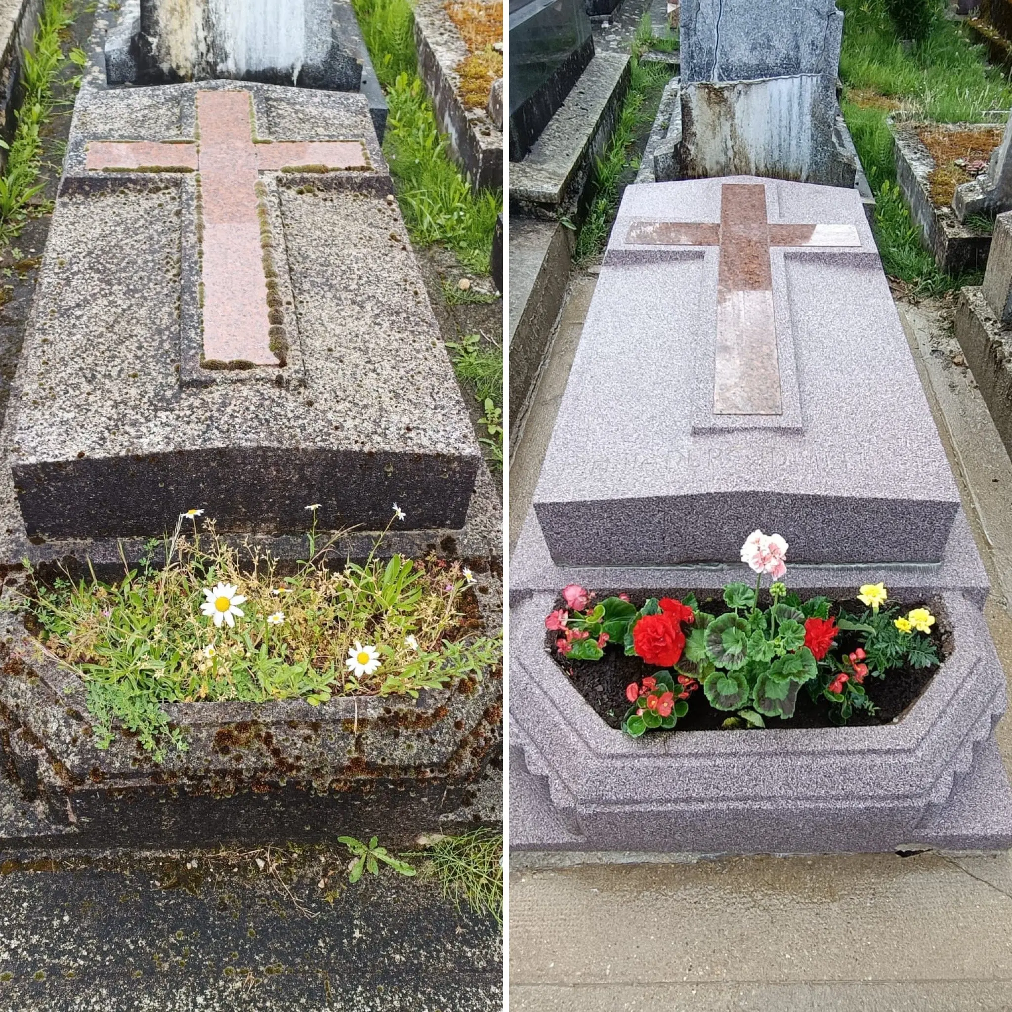 Tombes funéraires en pierre avec croix gravée; côté gauche, fleurs sauvagesны pousser dans le rebord; côté droit, tombe Tombes funéraires en pierre avec croix gravée; côté gauche, fleurs sauvagesны pousser dans le rebord; côté droit, tombe
