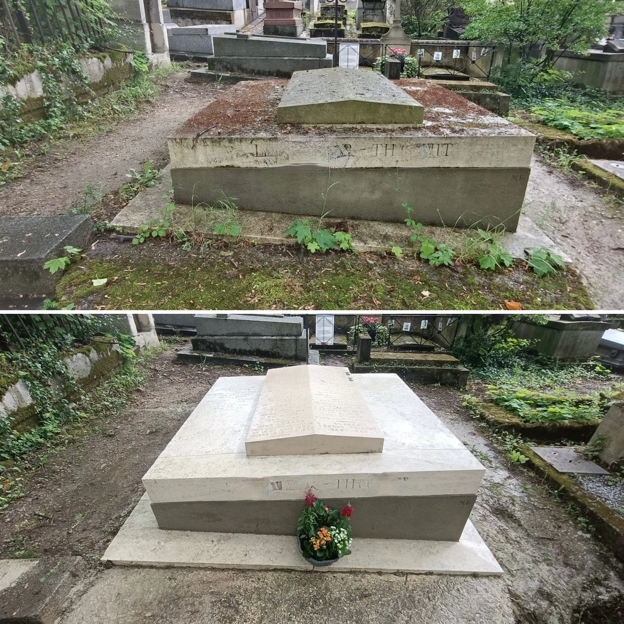 Tombes rénovées dans un cimetière: avant, surface sombre et salie; après, nettoyage et fleurissement avec fleurs Tombes rénovées dans un cimetière: avant, surface sombre et salie; après, nettoyage et fleurissement avec fleurs