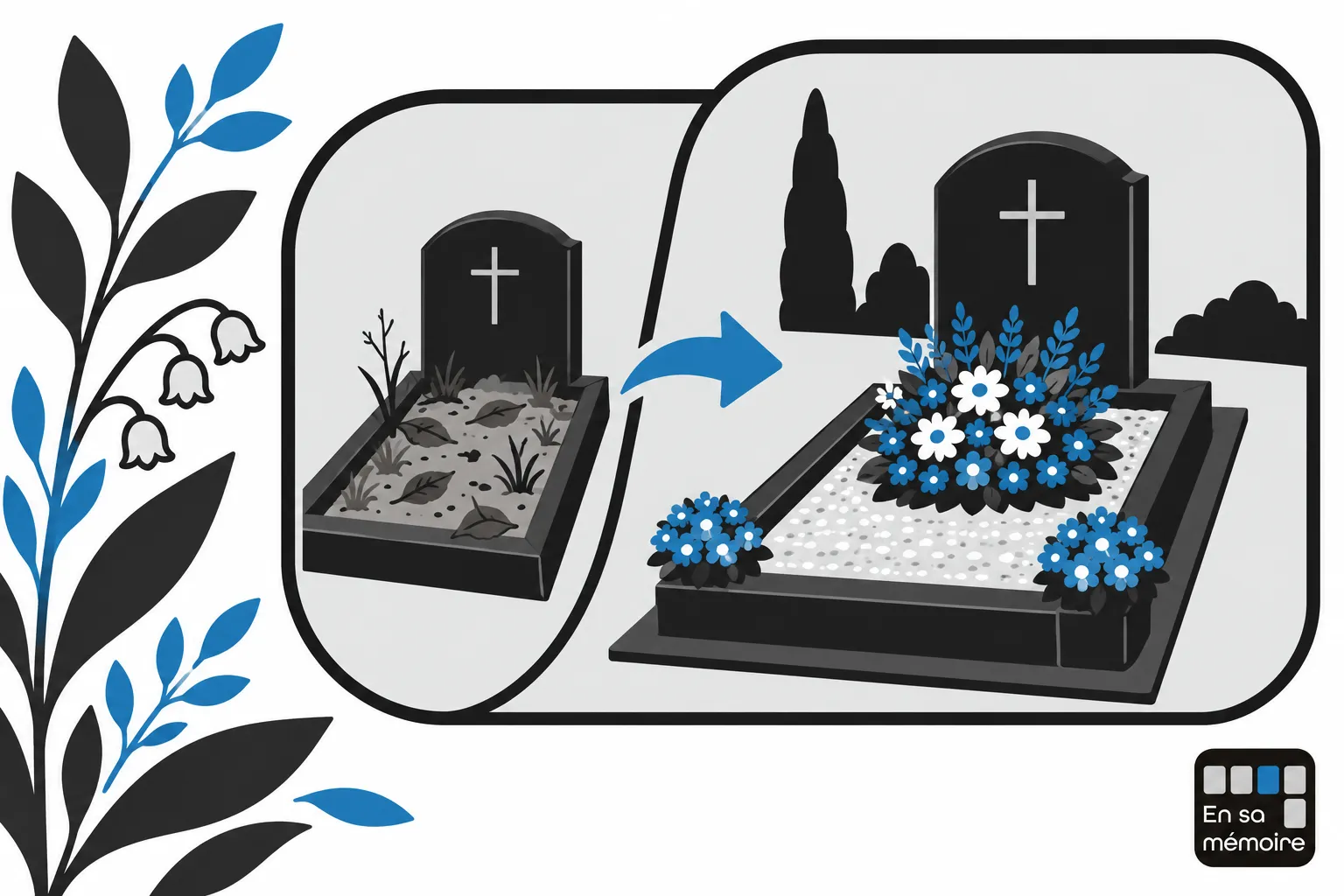 Transition d'une tombe ancienne vers une tombe entretenue neuve avec des fleurs bleues.