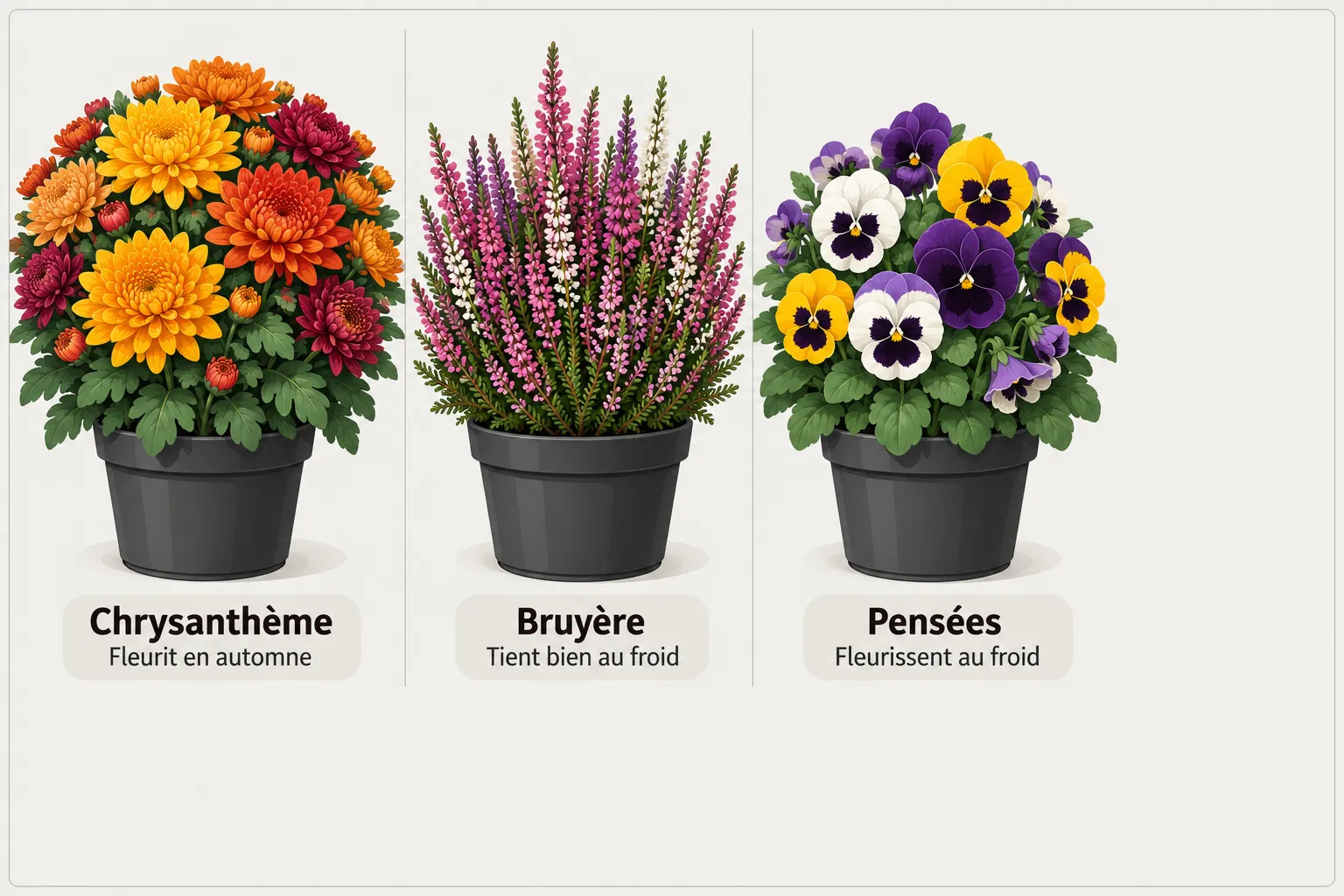 Trois pots de fleurs affichant des plantes: chrysanthème d’automne, bruyère et pensées.