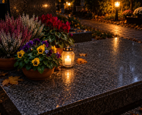 Vase de fleurs colorées et bougie allumée posé sur une tombe au cimetière en soirée.