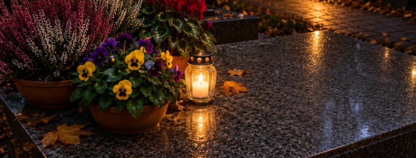 Vase de fleurs colorées et bougie allumée posé sur une tombe au cimetière en soirée.