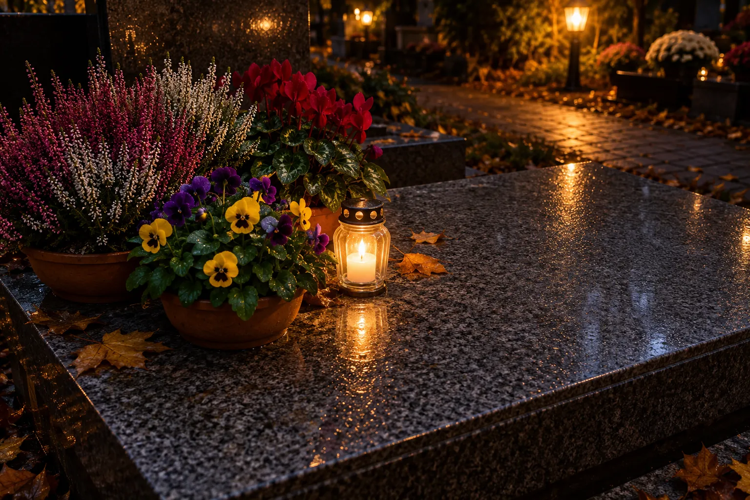Vase de fleurs colorées et bougie allumée posé sur une tombe au cimetière en soirée.
