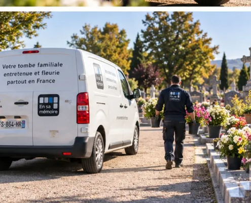 Véhicule utilitaire blanc avec texte « Votre tombe familiale entretien et fleurie partout en France » stationné devant des