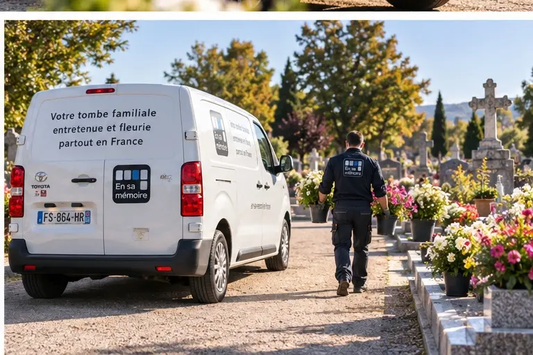 Véhicule utilitaire blanc avec texte « Votre tombe familiale entretien et fleurie partout en France » stationné devant des Véhicule utilitaire blanc avec texte « Votre tombe familiale entretien et fleurie partout en France » stationné devant des