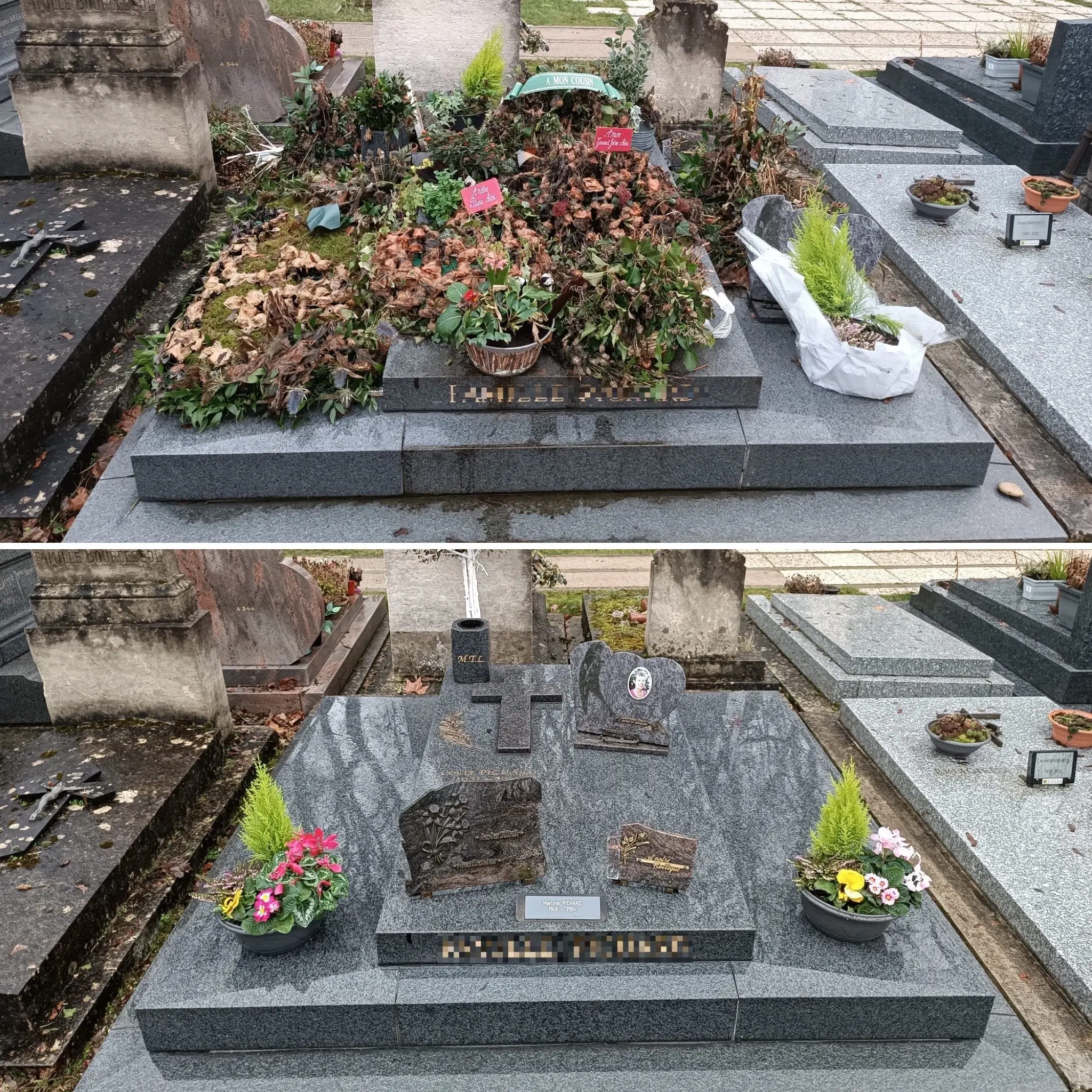 Vue avant/après d’une tombe au cimetière: vaisselle florale et plantes fanées avant nettoyage, puis tombe embellie avec Vue avant/après d’une tombe au cimetière: vaisselle florale et plantes fanées avant nettoyage, puis tombe embellie avec